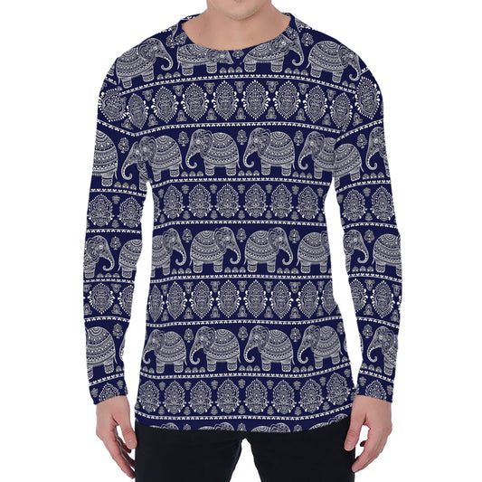 White And Blue Indian Elephant Print Men's Long Sleeve T-Shirt