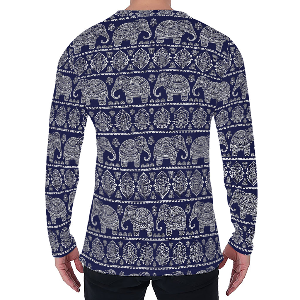 White And Blue Indian Elephant Print Men's Long Sleeve T-Shirt