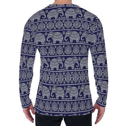 White And Blue Indian Elephant Print Men's Long Sleeve T-Shirt