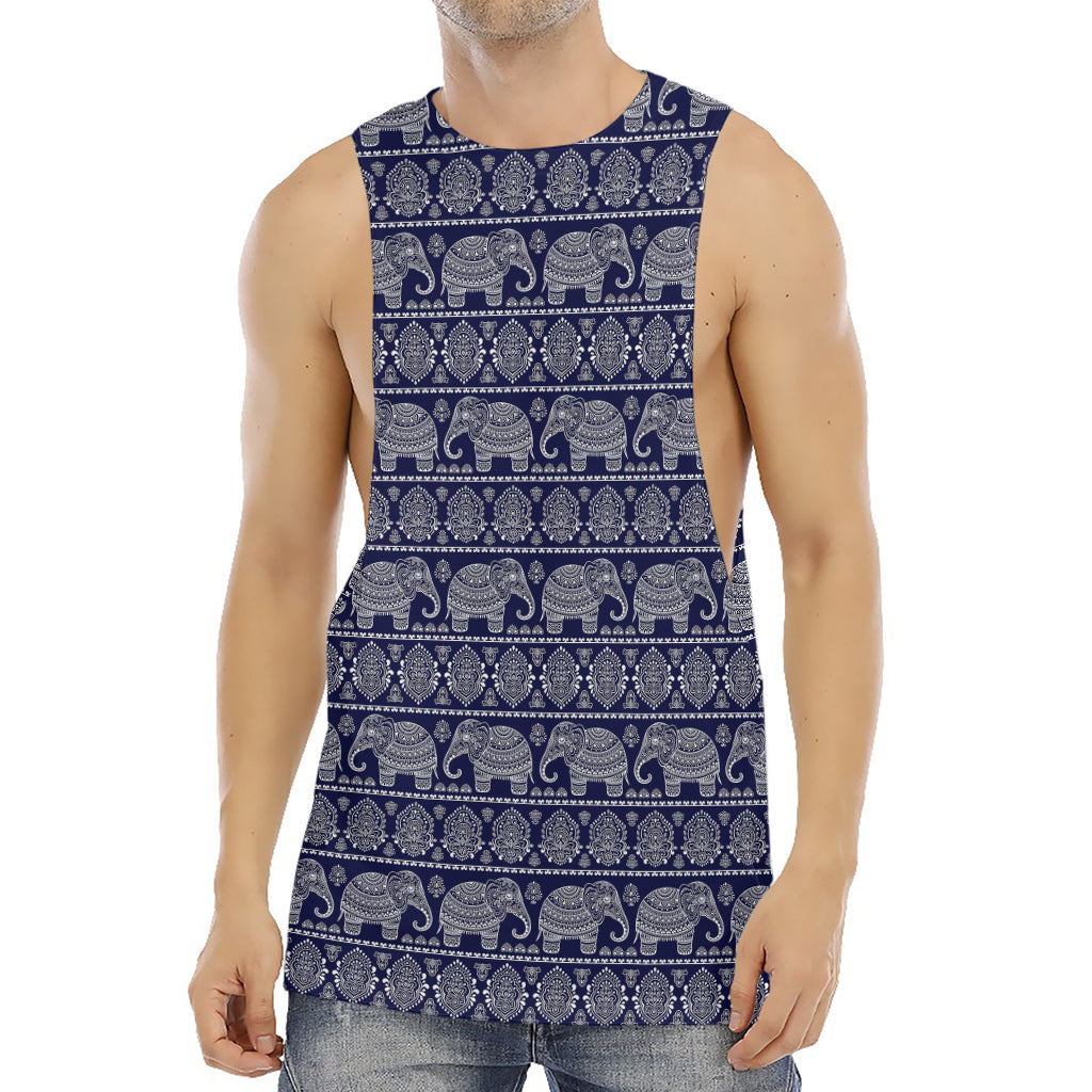 White And Blue Indian Elephant Print Men's Muscle Tank Top