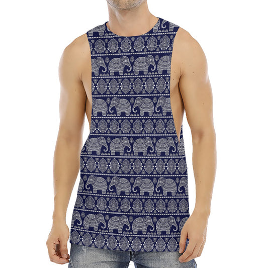White And Blue Indian Elephant Print Men's Muscle Tank Top