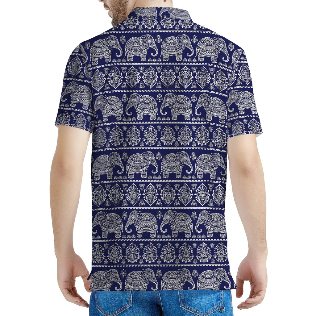 White And Blue Indian Elephant Print Men's Polo Shirt