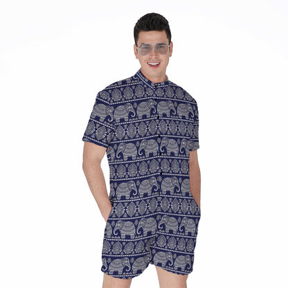 White And Blue Indian Elephant Print Men's Rompers