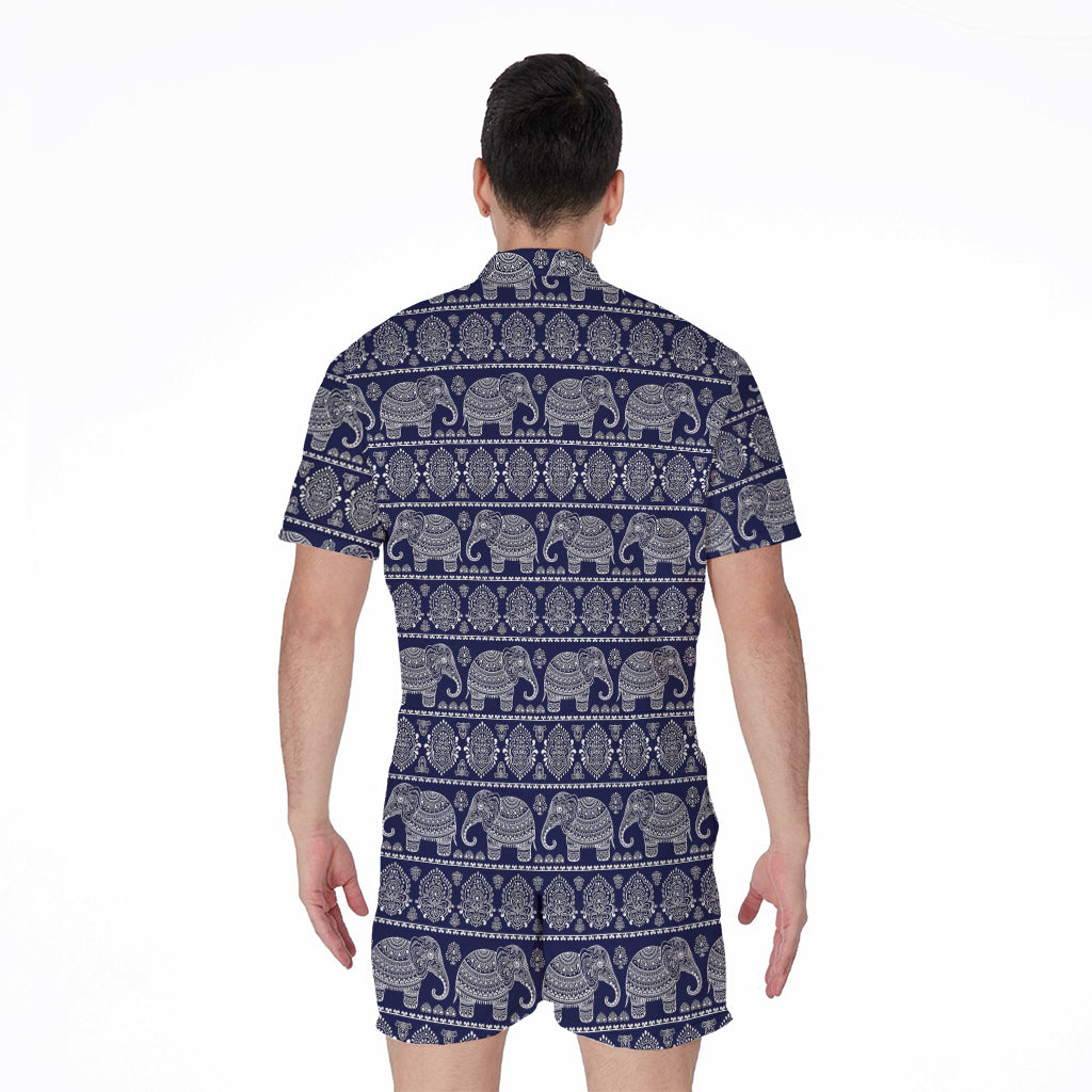 White And Blue Indian Elephant Print Men's Rompers