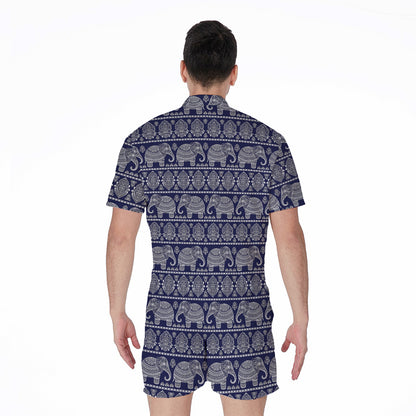White And Blue Indian Elephant Print Men's Rompers