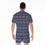 White And Blue Indian Elephant Print Men's Rompers