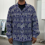 White And Blue Indian Elephant Print Men's Shirt Jacket