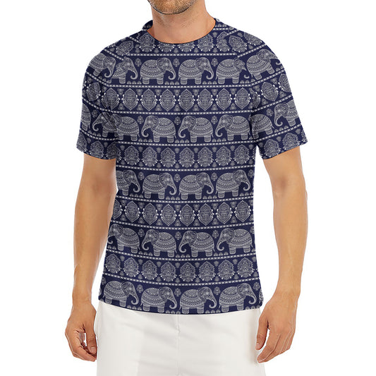 White And Blue Indian Elephant Print Men's Short Sleeve Rash Guard