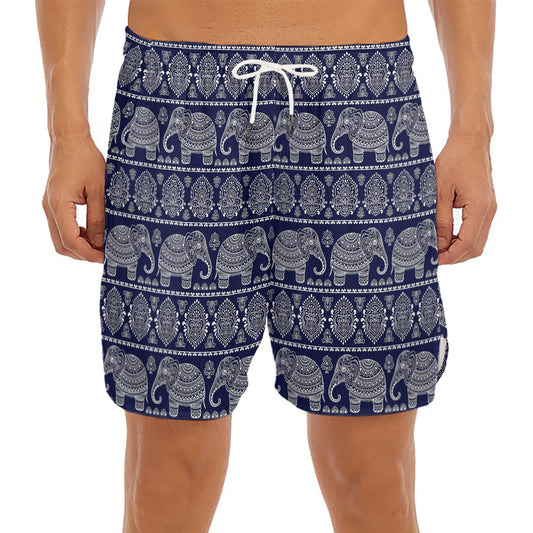 White And Blue Indian Elephant Print Men's Split Running Shorts
