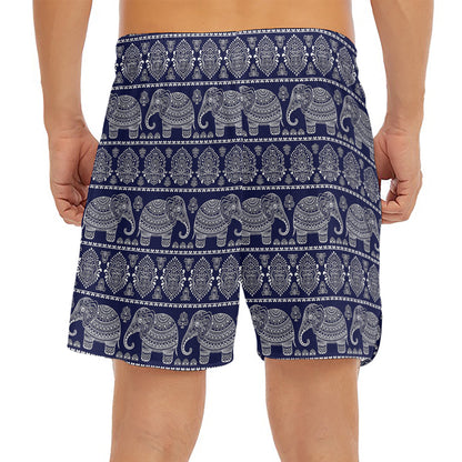 White And Blue Indian Elephant Print Men's Split Running Shorts