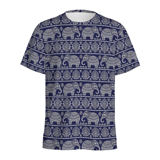 White And Blue Indian Elephant Print Men's Sports T-Shirt