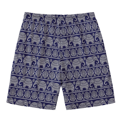 White And Blue Indian Elephant Print Men's Swim Trunks