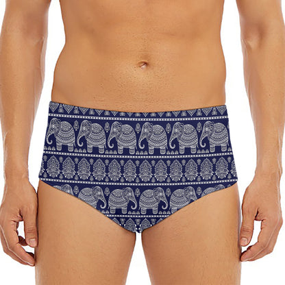 White And Blue Indian Elephant Print Men's Triangle Swim Briefs
