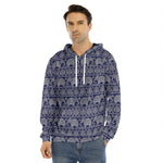 White And Blue Indian Elephant Print Men's Velvet Pullover Hoodie
