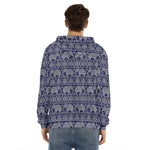 White And Blue Indian Elephant Print Men's Velvet Pullover Hoodie