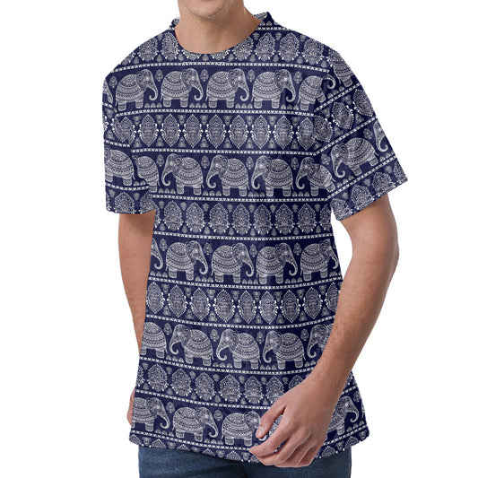 White And Blue Indian Elephant Print Men's Velvet T-Shirt