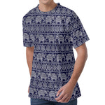 White And Blue Indian Elephant Print Men's Velvet T-Shirt