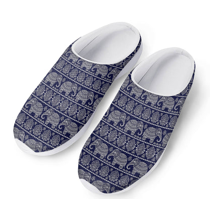 White And Blue Indian Elephant Print Mesh Casual Shoes