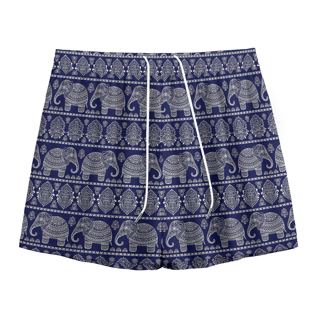 White And Blue Indian Elephant Print Mesh Shorts