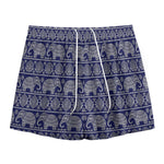 White And Blue Indian Elephant Print Mesh Shorts