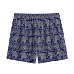 White And Blue Indian Elephant Print Mesh Shorts