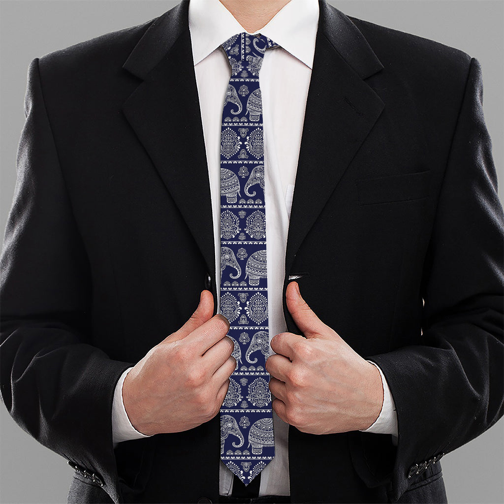 White And Blue Indian Elephant Print Necktie