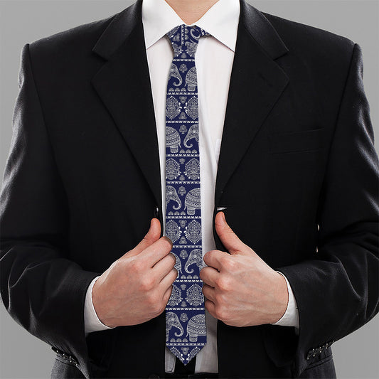 White And Blue Indian Elephant Print Necktie