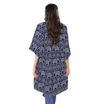 White And Blue Indian Elephant Print Open Front Beach Cover Up