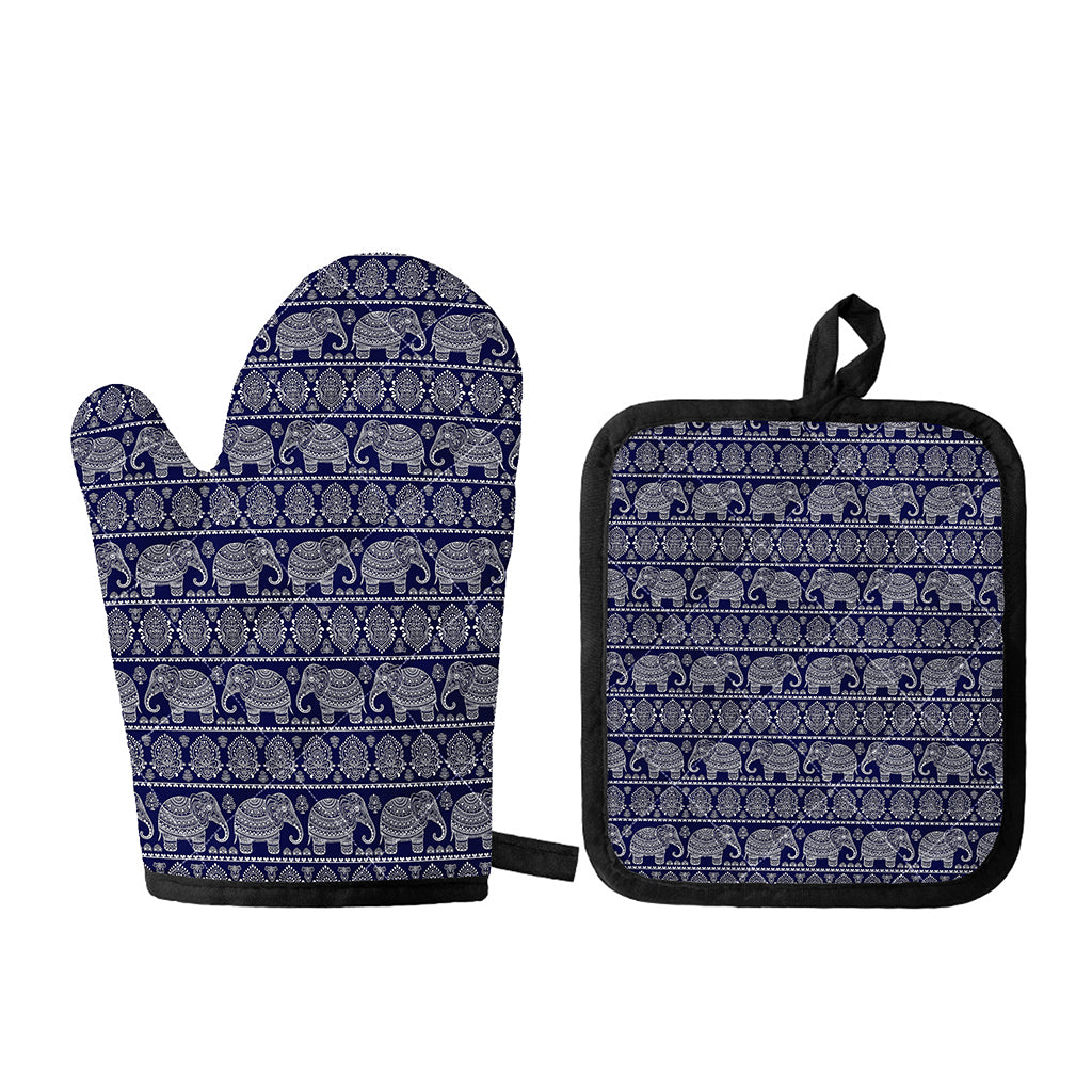 White And Blue Indian Elephant Print Oven Mitt And Pot Holder Set
