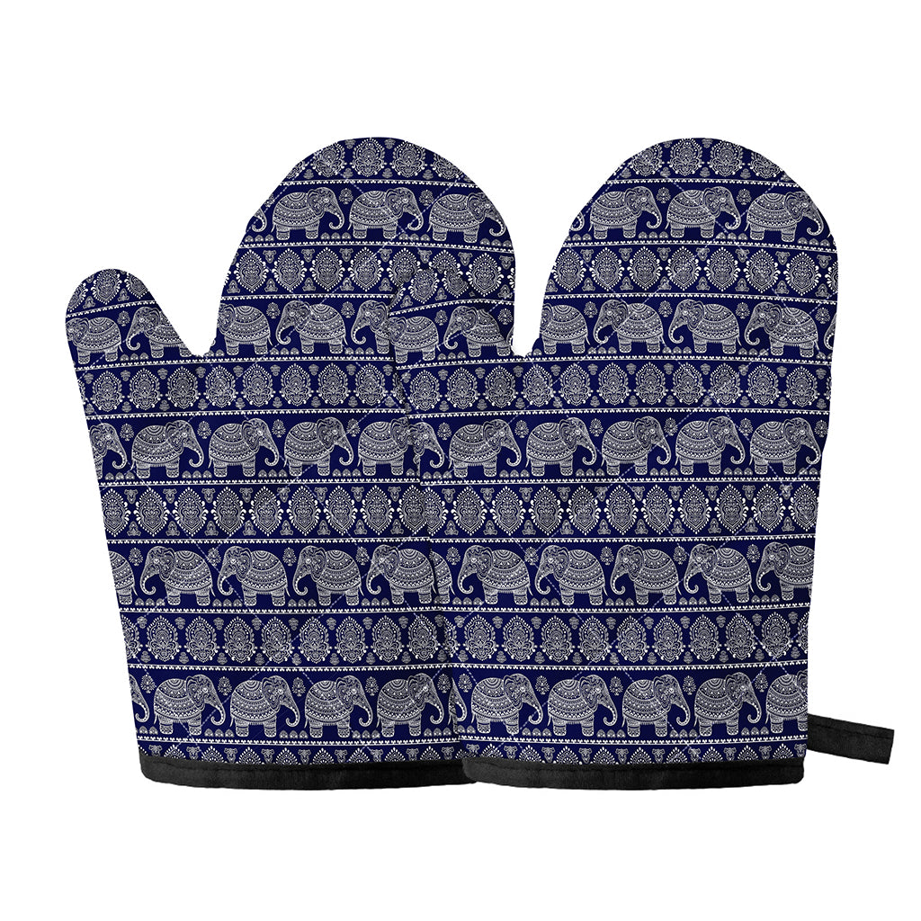 White And Blue Indian Elephant Print Oven Mitts