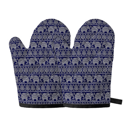 White And Blue Indian Elephant Print Oven Mitts