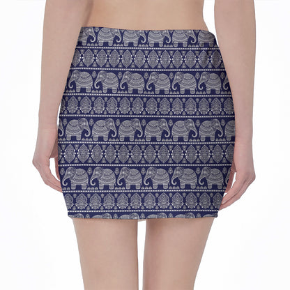 White And Blue Indian Elephant Print Pencil Mini Skirt
