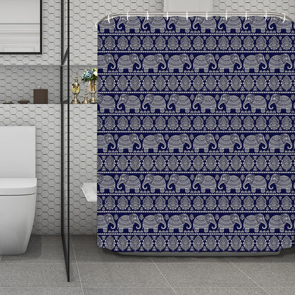 White And Blue Indian Elephant Print Polyester Shower Curtain