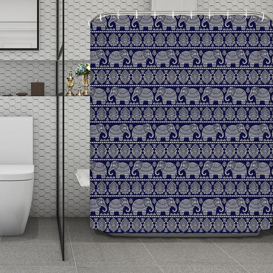 White And Blue Indian Elephant Print Polyester Shower Curtain