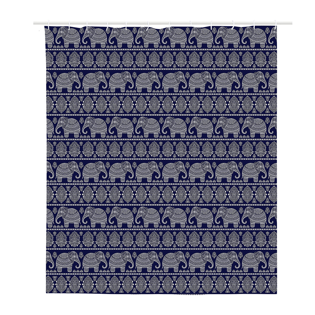 White And Blue Indian Elephant Print Polyester Shower Curtain