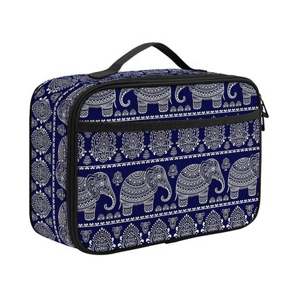 White And Blue Indian Elephant Print Portable Lunch Bag