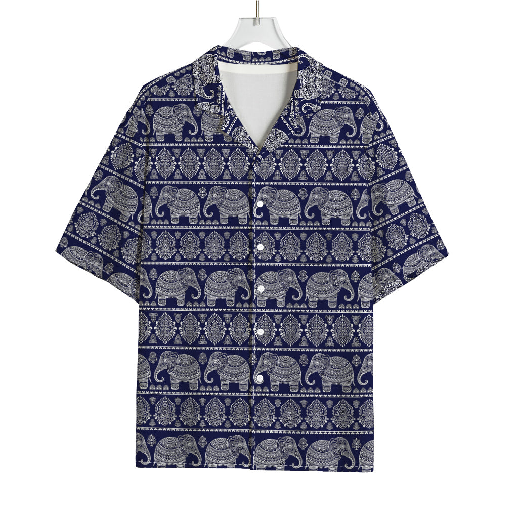 White And Blue Indian Elephant Print Rayon Hawaiian Shirt