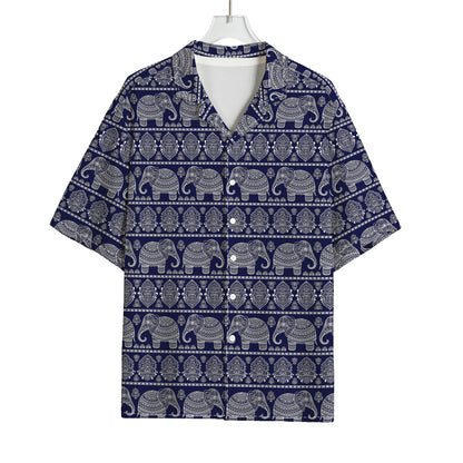 White And Blue Indian Elephant Print Rayon Hawaiian Shirt
