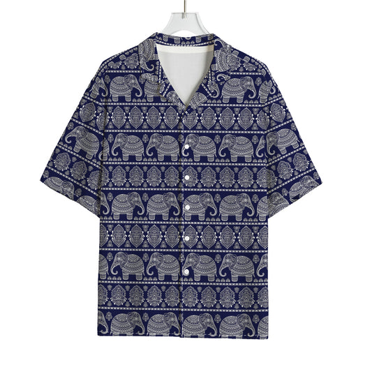 White And Blue Indian Elephant Print Rayon Hawaiian Shirt