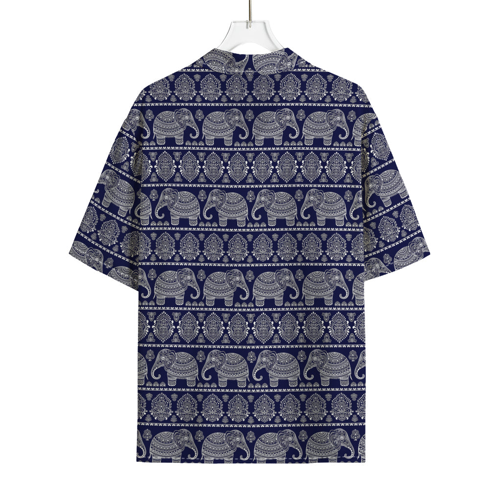White And Blue Indian Elephant Print Rayon Hawaiian Shirt