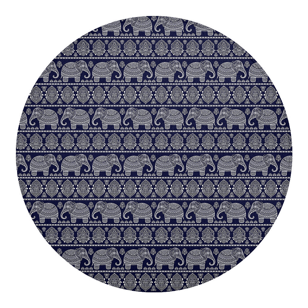 White And Blue Indian Elephant Print Round Blanket