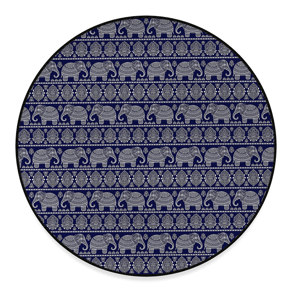 White And Blue Indian Elephant Print Round Floor Mat