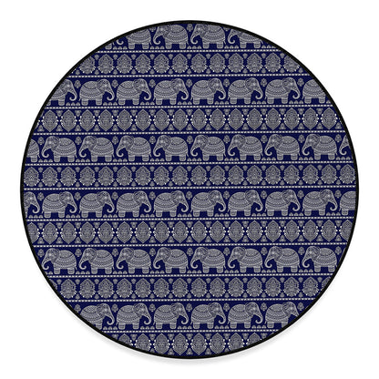 White And Blue Indian Elephant Print Round Floor Mat