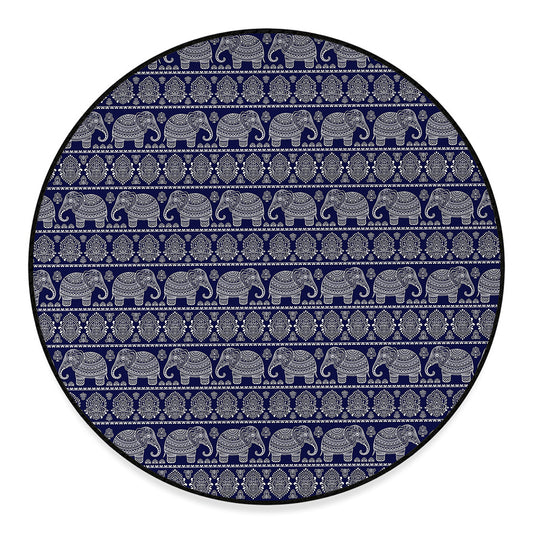 White And Blue Indian Elephant Print Round Floor Mat