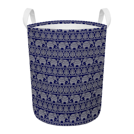 White And Blue Indian Elephant Print Round Laundry Basket