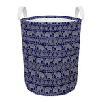 White And Blue Indian Elephant Print Round Laundry Basket