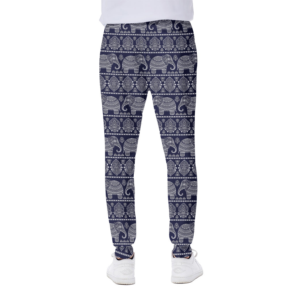 White And Blue Indian Elephant Print Scuba Joggers