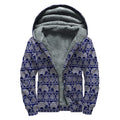White And Blue Indian Elephant Print Sherpa Lined Zip Up Hoodie