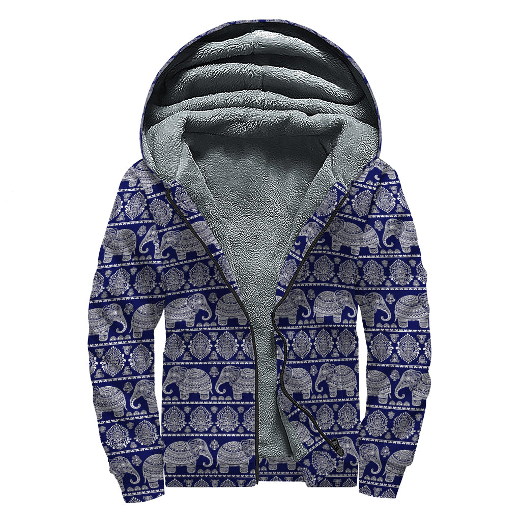 White And Blue Indian Elephant Print Sherpa Lined Zip Up Hoodie