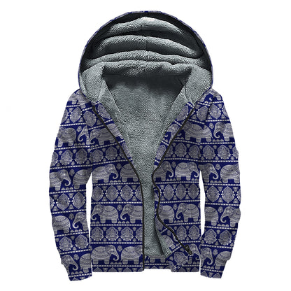 White And Blue Indian Elephant Print Sherpa Lined Zip Up Hoodie